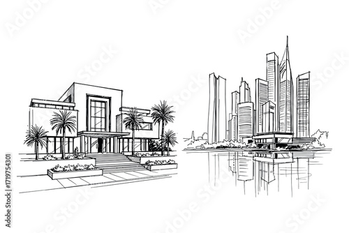 Sketch of modern villa with palm trees and city skyline across water drawing illustration