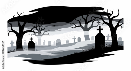 Eerie graveyard scene with tombstones and bare trees in a grayscale vector illustration