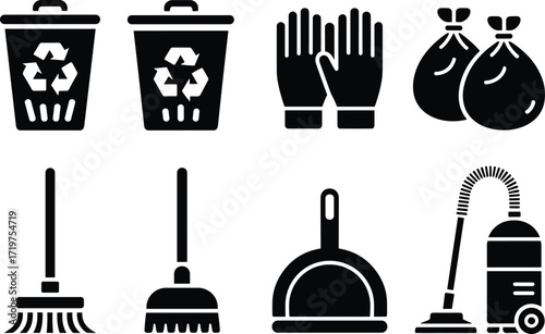 Cleaning tools and equipment silhouette vector illustration with trash bins, gloves, vacuum cleaner, broom, mop, dustpan, garbage bags icons.