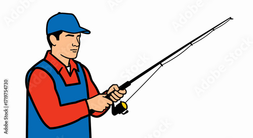 Fisherman Holding Fishing Rod Vector Illustration on White Background for Sport