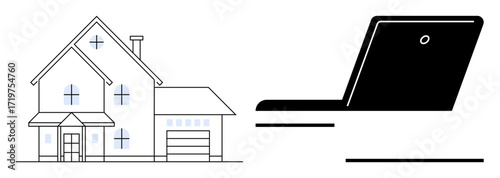 Minimalistic modern house alongside a laptop symbolizing technology integration, smart living, and home automation. Ideal for real estate, IoT, remote work, digital lifestyle, tech innovation, home