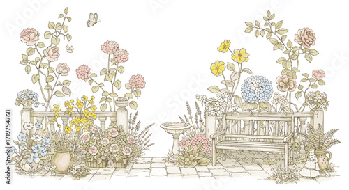 Vibrant botanical illustration of a peaceful spring garden, featuring a classic wooden bench, colorful flowers, delicate roses, and a charming bird bath