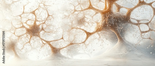 Abstract cellular structures connect and grow in luminous, organic patterns suggesting future life creation and innovation in clean environments.