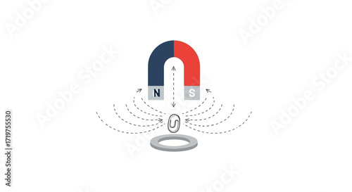 Illustration of a Horseshoe Magnet Attracting a Metal Clip, Demonstrating Magnetic Field Lines and