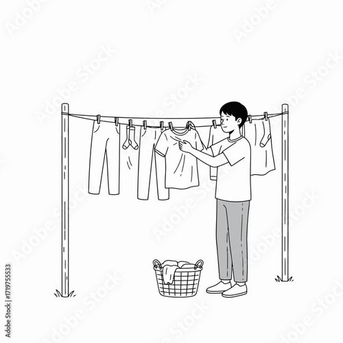 A clean minimalist vector illustration of a person doing laundry, hanging clothes to dry.