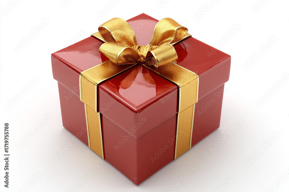 Obraz premium Elegant red gift box adorned with a shimmering gold ribbon and bow, perfect for celebrations and special occasions, exuding luxury and joy.