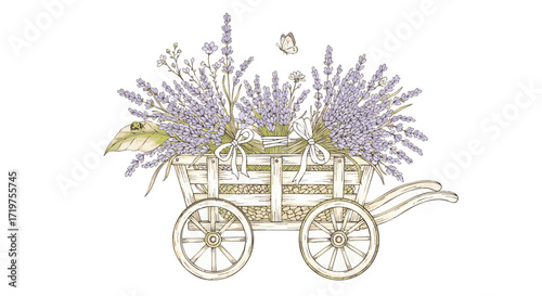 Elegant Vintage Illustration Lavender-Filled Cart Captures the Charm of a Rustic Garden and Floral Beauty