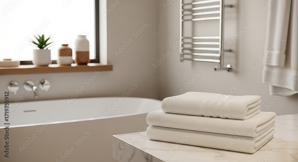 Fototapeta premium Modern bathroom interior with white towels stacked on marble countertop near bathtub and window, creating a spalike ambiance for relaxation and comfort