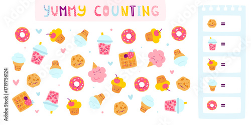 Kids counting mini game with cute sweets. Kawaii food game for children.