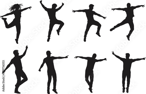 Silhouette vector illustration of people dancing in dynamic poses, energetic movement, modern lifestyle, performance art, party celebration design element.
