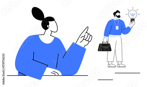 Woman analyzing and pointing as man presents glowing light bulb, a metaphor for innovation. Ideal for teamwork, brainstorming, creativity, collaboration, leadership, problem-solving, decision-making