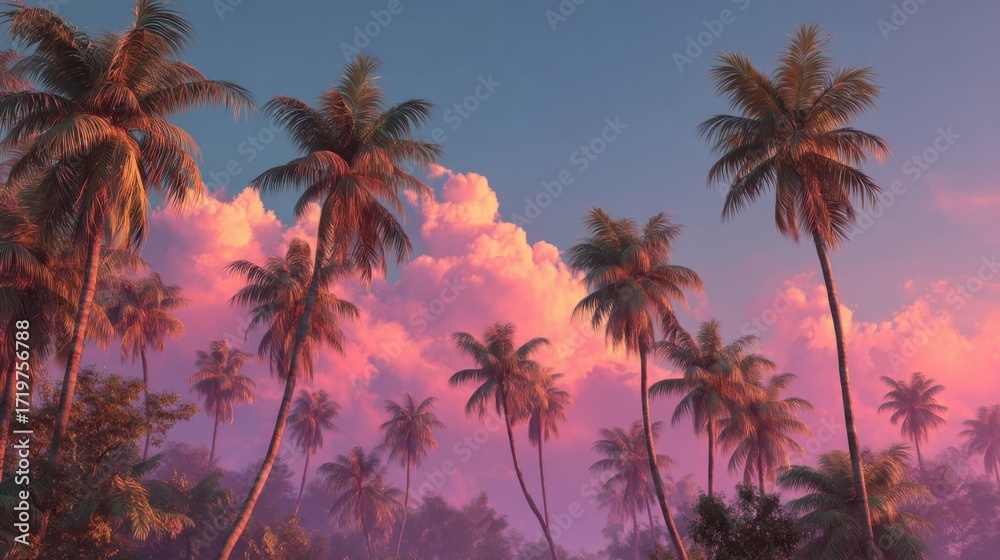 Fototapeta premium Vibrant coastal scene with tall palm trees bathed in warm hues of pink, orange, and yellow during sunrise or sunset,