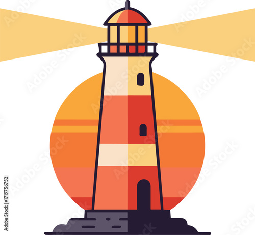 Striking lighthouse illustration guiding ships at sea with its powerful light, perfect for travel blogs, coastal designs, and nautical themes