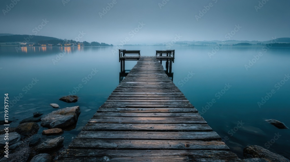 Obraz premium A long wooden pier stretches into a calm blue lake at dawn or dusk,