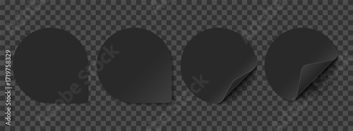 Vector set of black paper squircle stickers isolated on transparent background. Realistic square stickers curved with black corner and soft shadows.