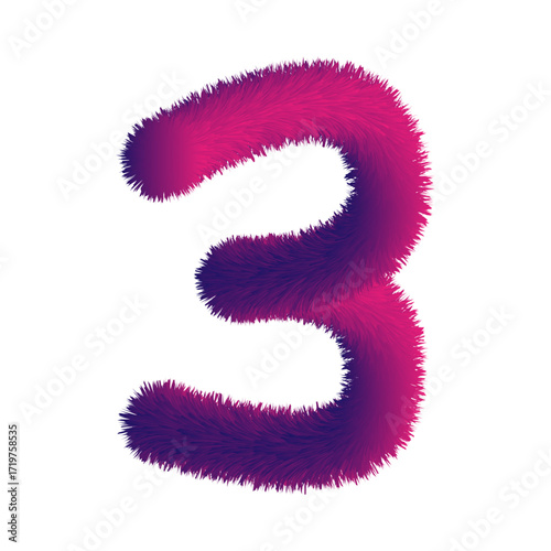 Fuzzy cartoon number 3 made of textured animal fur for playful digital illustrations