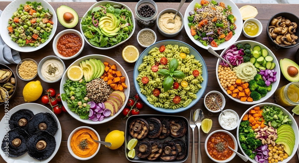 Fototapeta premium Overhead view of a diverse array of salads and side dishes on a table