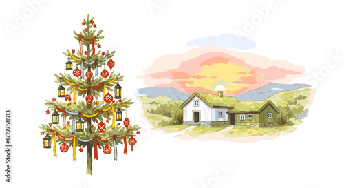 Christmas tree and landscape illustration depicting holiday cheer and rural charm in an inviting scene