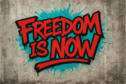 Old 1980s Style Graffiti of 'Freedom is Now' in Red with Cyan color Paint Splash o nConcrete Wall