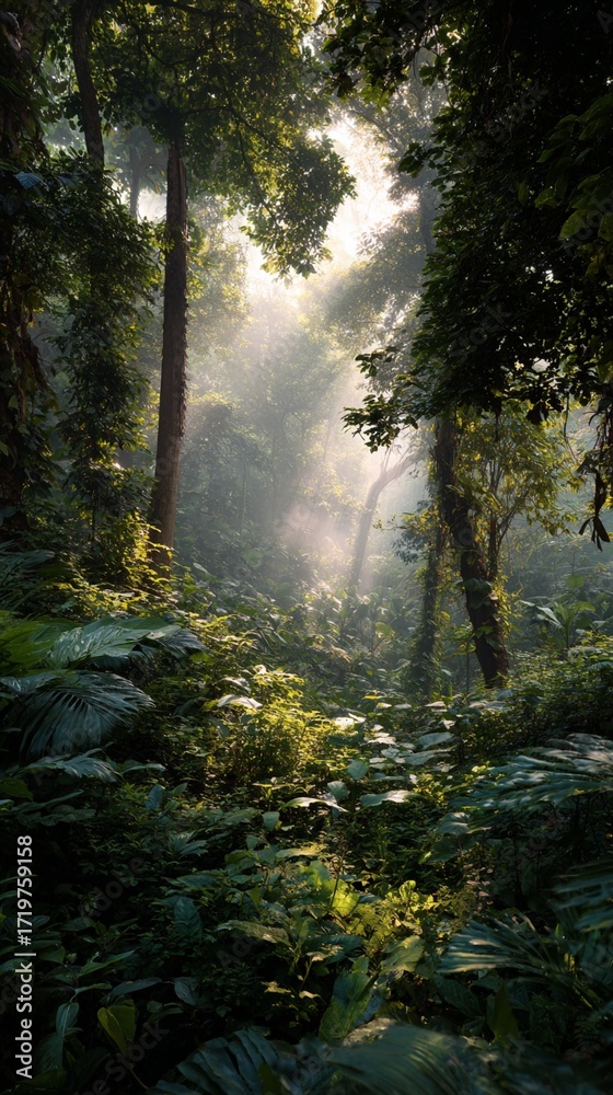 Fototapeta premium Lush green jungle with sunlight filtering through trees, creating a serene atmosphere filled with vibrant foliage and captivating beauty of nature's untouched wilderness.