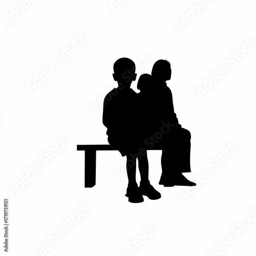 Silhouette of a tired boy sitting with parents on a hospital bench isolated on white background