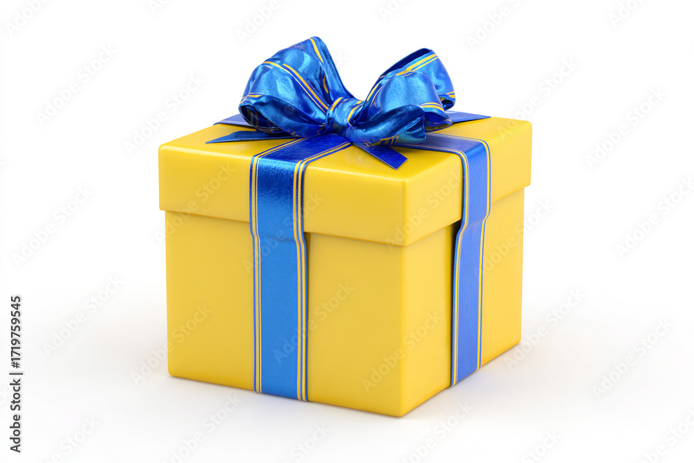 Obraz premium Bright yellow gift box elegantly wrapped with a vibrant blue ribbon and bow, perfect for celebrations, holidays, and special occasions, conveying joy and surprise.