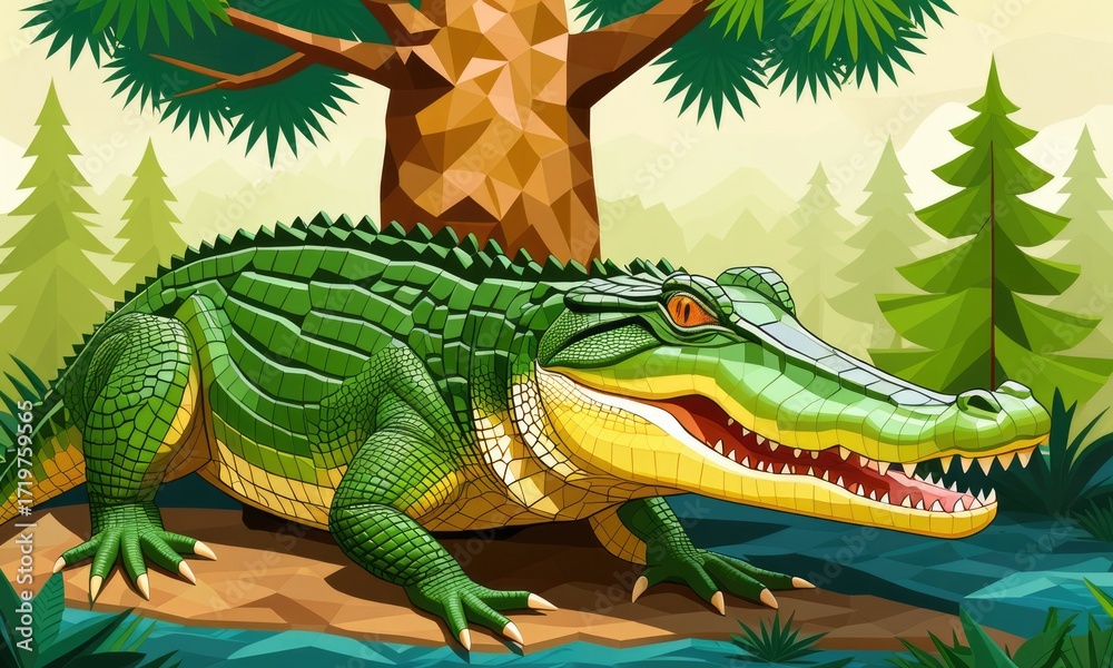 Obraz premium Geometric alligator in vibrant forest landscape surrounded by trees and water