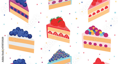 A delightful collection of sweet layered cake slices adorned with fresh fruit toppings and colorful confetti making a perfect dessert celebration.