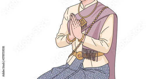 Illustration of a person in traditional Thai clothing, with hands clasped in a respectful gesture and kneeling, showcasing cultural representation and heritage