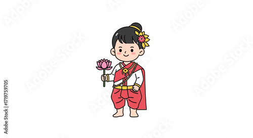 Adorable cartoon illustration featuring a smiling child dressed in traditional attire holding a lotus flower, perfect for cultural, educational, or decorative projects