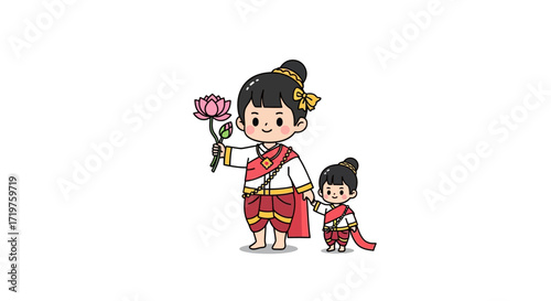 Illustration of two Thai girls in traditional clothing, one holding a lotus flower. Depicts cultural heritage and family togetherness, suitable for educational or cultural content