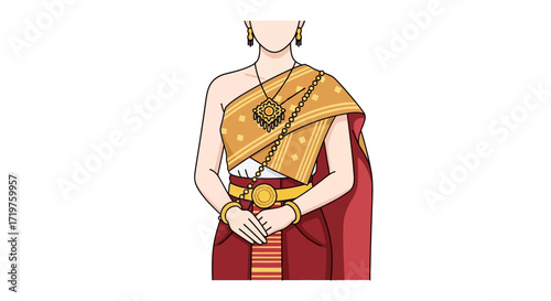 Illustration of a person wearing traditional Thai clothing, showcasing the elegant attire and cultural significance of the outfit with gold details, commonly worn during festive celebrations