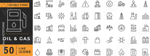 Oil & Gas line icon set. Editable stroke. Vector illustration.

