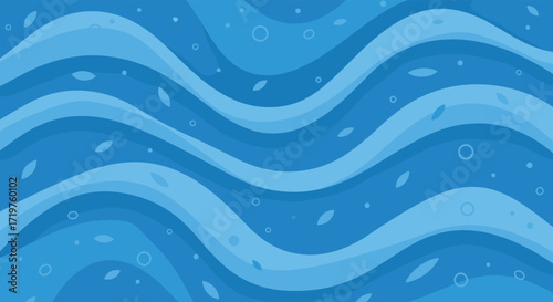 An abstract background with wavy blue lines and small floating shapes.