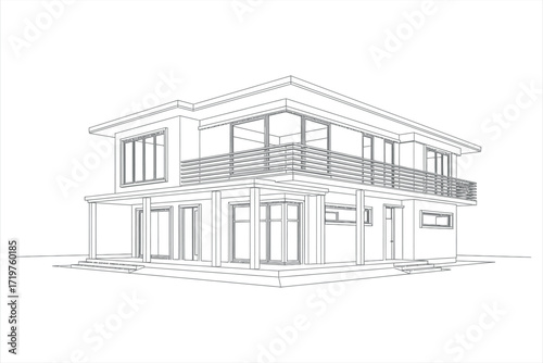 Wireframe architectural drawing of a modern two story house with balcony home building