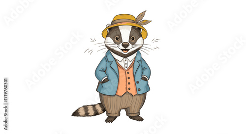Charming illustration of a dapper badger dressed in a suit and hat, standing confidently