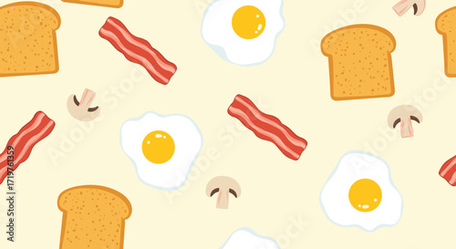A delightful seamless pattern featuring breakfast essentials like crispy bacon fried eggs and toasted bread.