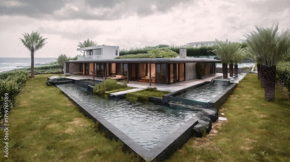 Fototapeta premium A luxurious modern house with extensive glass features and a flat roof, surrounded by manicured lawns,