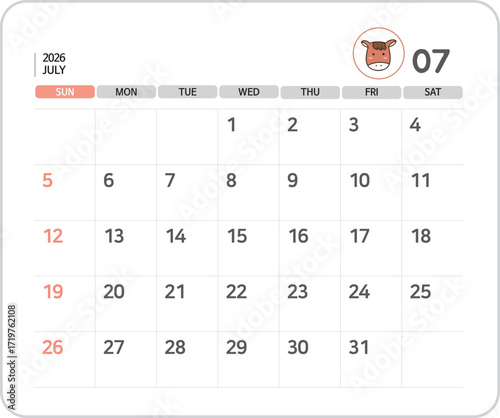 2026 July Calendar Illustration / 2026년 7월 달력 일러스트