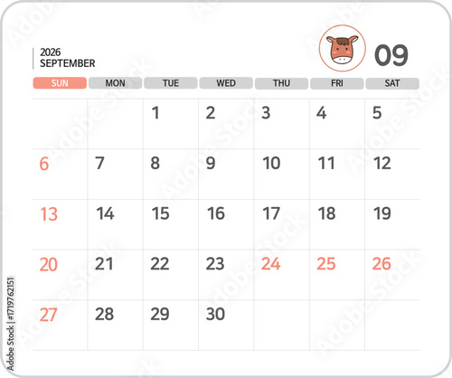 2026 September Calendar Illustration / 2026년 9월 달력 일러스트