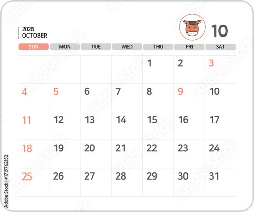 2026 October Calendar Illustration / 2026년 10월 달력 일러스트