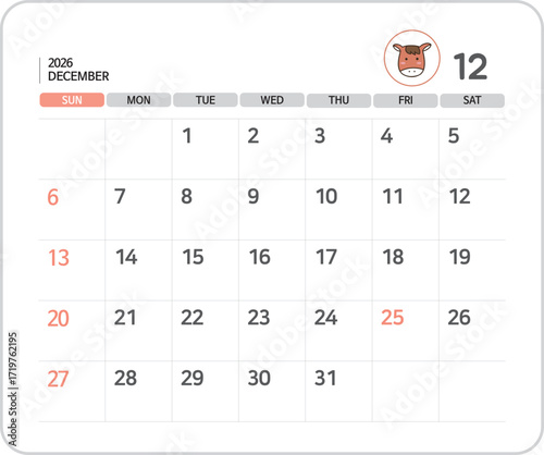2026 December Calendar Illustration / 2026년 12월 달력 일러스트