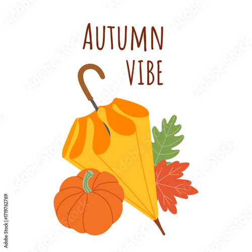 Autumn vibe design with yellow umbrella, pumpkin and leafs isolated on white background. Cozy rainy weather, seasonal mood and beauty fall days