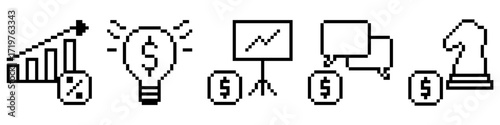 Set pixel finance icon vector for business, accounting, and monetary management. Useful for illustrating a collection of financial tools in a fun, retro, 8-bit aesthetic