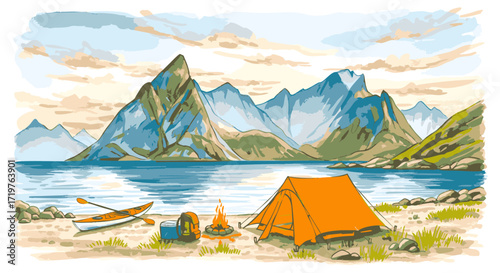 Camping illustration orange tent, campfire, kayak by a mountain lake. Majestic peaks and calm waters. Perfect for serene outdoor themes