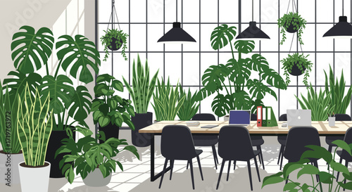 Serene office interior filled with lush green plants creating a calming atmosphere for productive work.