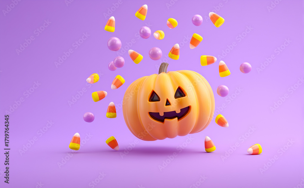 Fototapeta premium Cute pumpkin character with candy corn on purple background.