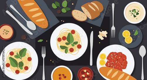 A delightful overhead view of a beautifully arranged Italian meal with fresh ingredients.