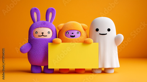 Three cute characters in costumes holding a blank yellow sign on an orange background.