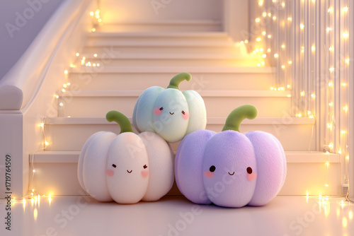 Cute pastel pumpkins with smiling faces on decorated stairs.
